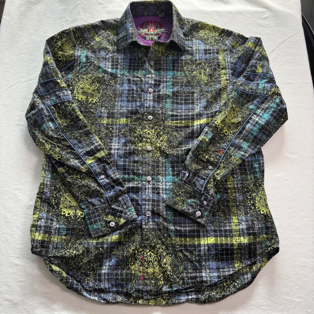 Robert Graham Button Down Shirt Size M Multi Color Plaid Damask Embroidered $198